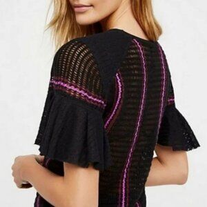 Free People Babes Only Small Knit Top Black/Pink Striped Crochet Bell Sleeve